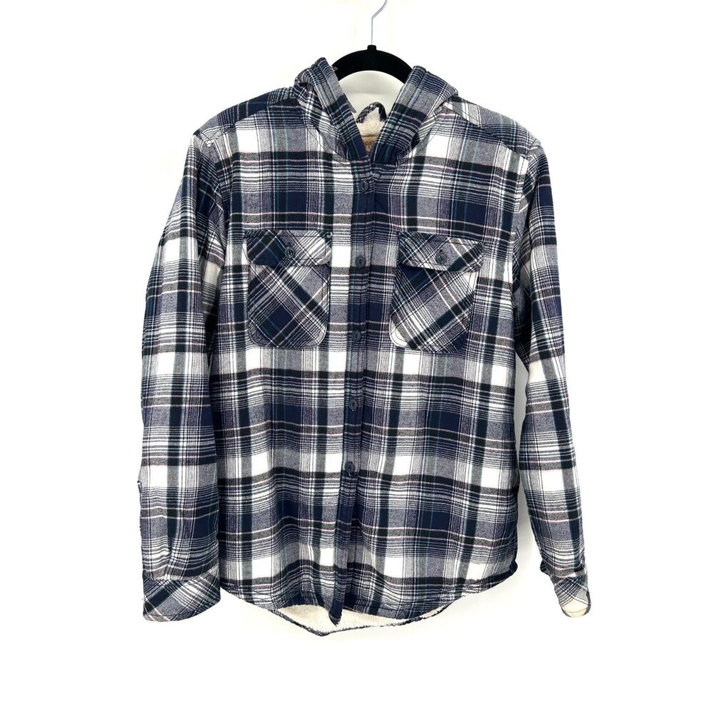 BOSTON TRADERS Womens Sherpa Lined Hooded Flannel Plaid Shirt Jacket Blue Medium